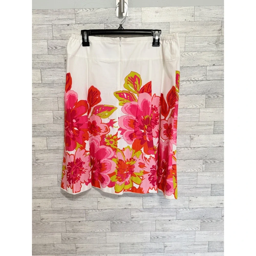Floral A-Line Skirt Pink Orange Chartreuse White Cotton Blend Sz 14 Knee Length